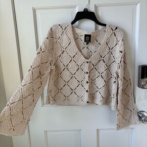 BOBEAU Boho Hippie Beige Crochet Button-Up Cardigan Top Size L